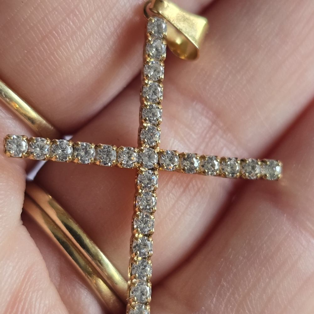 Cross pendant gold tone clear rhinestones religious christian jewelry - Picture 2 of 11